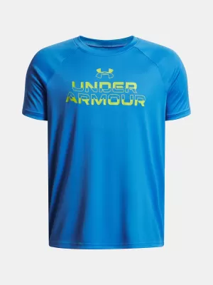 Fantovska majica s kratkimi rokavi UNDER ARMOUR UA TECH SPLIT WORDMARK SS 1383010-402 MODRA
