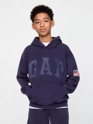 Otroški pulover GAP LOGO PULLOVER HOODIE 782130-00 MORNARIŠKA UNIFORMA