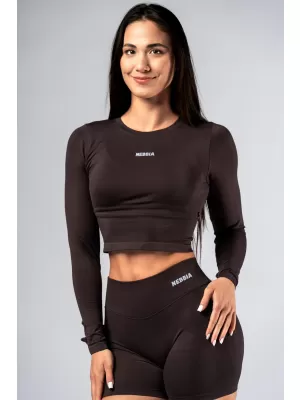 Brezšiven crop top z dolgimi rokavi POWER 892 TEMNO RJAV Nebbia