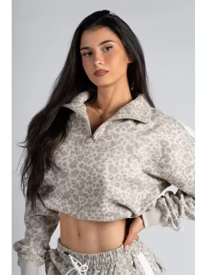 Pulover z zadrgo in leopardjim potiskom NEBBIA PRIMAL 866 KREMNI LEOPARD