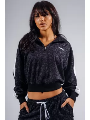 Pulover z zadrgo in leopardjim potiskom NEBBIA PRIMAL 866 ČRNI LEOPARD