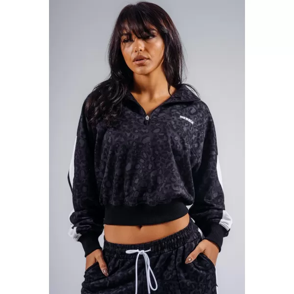  Pulover z zadrgo in leopardjim potiskom NEBBIA PRIMAL 866 ČRNI LEOPARD 