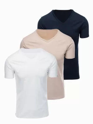 Moška majica s kratkimi rokavi OMBRE OM-TSBS-0281 BELA/PEŠČENA/MORNARSKO MODRA