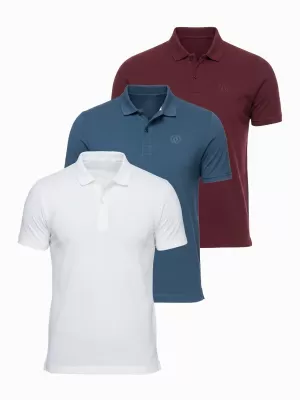 Moška majica s kratkimi rokavi z ovratnikom OMBRE OM-POBS-0171 BELA/KOSTANJEVA/TEMNO MODRA