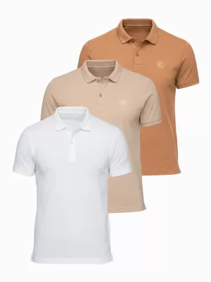 Moška majica s kratkimi rokavi z ovratnikom OMBRE OM-POBS-0171 BELA/BELA/SVETLO RJAVA